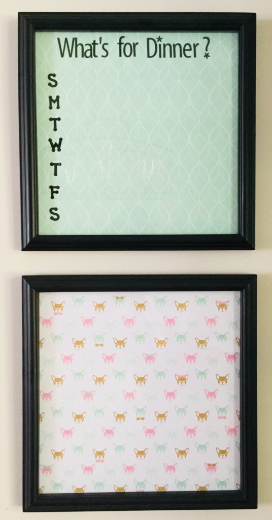 Easy to make DIY Dry Erase Menu Board. Great way to use stickers and scrapbooking paper.