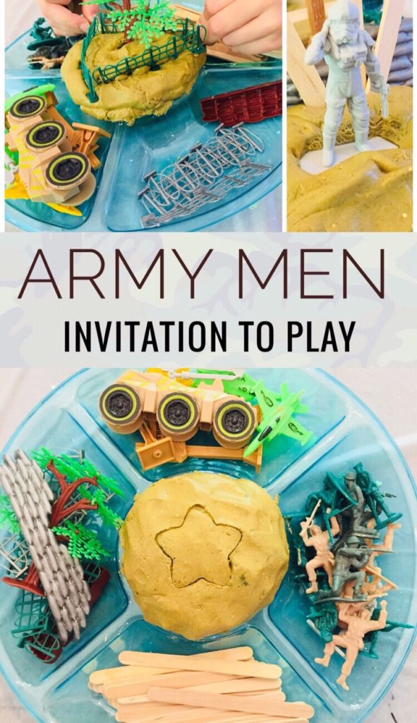 Creative Play Idea for Elementary School Aged Boy - Army Men Cloud Dough Invitation to Play