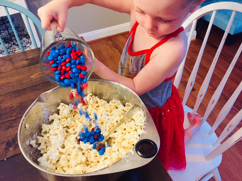 Patriotic Popcorn Cake is a fun recipe to make with kids!