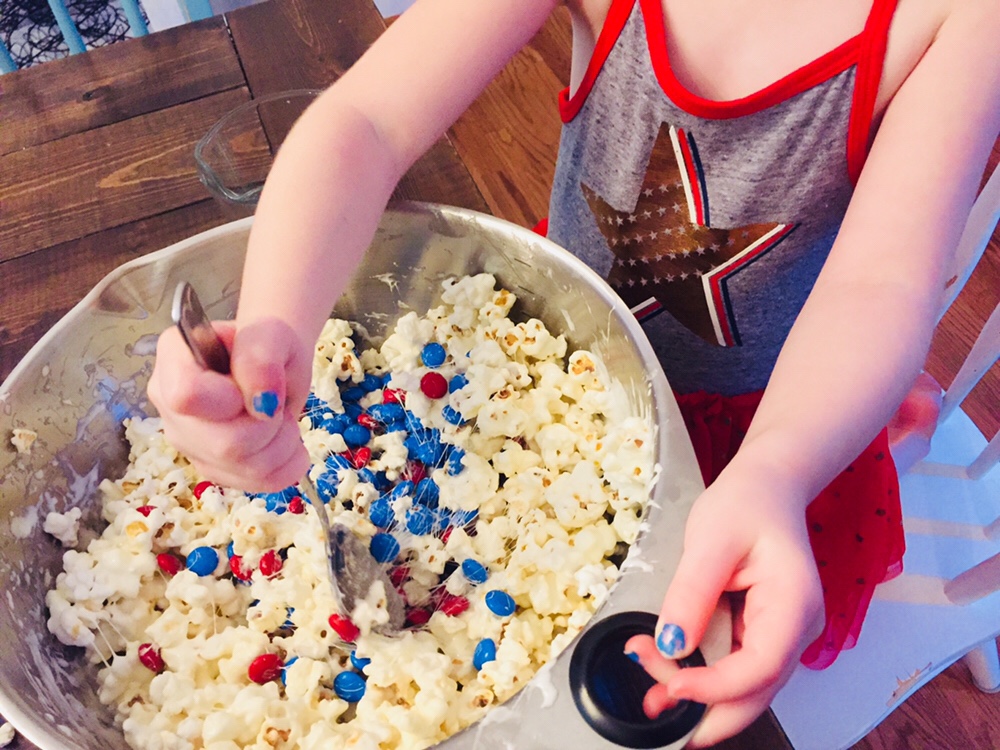 Patriotic Popcorn Cake is a fun recipe to make with kids!