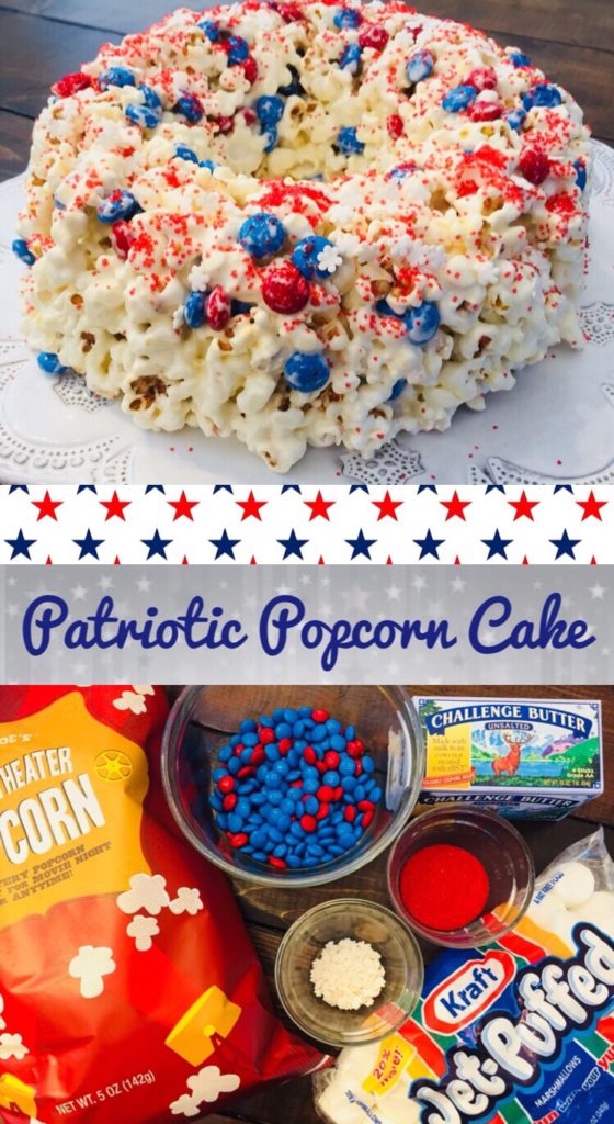 This recipe for Patriotic Popcorn Cake is so simple and perfect to make with kids. You only need a few ingredients and it would be perfect to take to a picnic or 4th of July party!