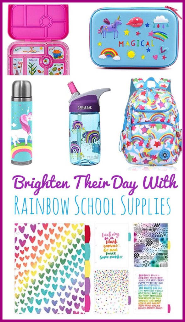 Rainbow Themed School Supplies are sure to brighten your child's day! Super cute water bottles, backpack and lunchboxes that are perfect for back to school!