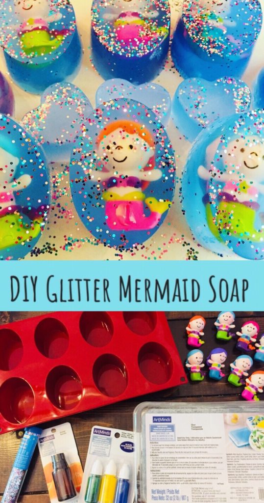 DIY Glitter Mermaid Soap is so easy to make and such a fun idea for kids! There is a hidden toy in each bar of handmade soap to encourage them to wash their hands so they can get to the toy mermaid inside! Great for party favors for a mermaid party!
