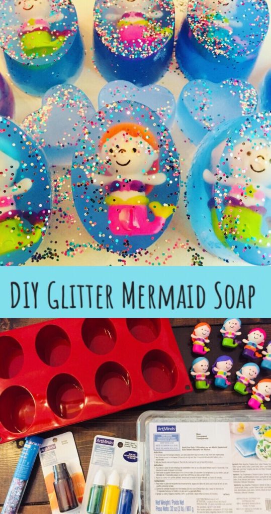 DIY Glitter Mermaid Soap is so easy to make and such a fun idea for kids! There is a hidden toy in each bar of handmade soap to encourage them to wash their hands so they can get to the toy mermaid inside!  Great for party favors for a mermaid party!