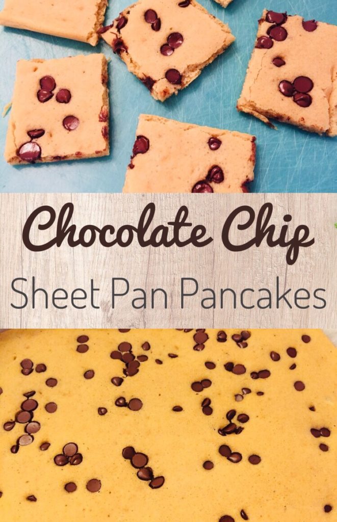 Chocolate Chip Sheet Pan Pancakes are a perfect way to meal prep breakfast. Kids will love this yummy freezer friendly breakfast for those busy back to school mornings. 