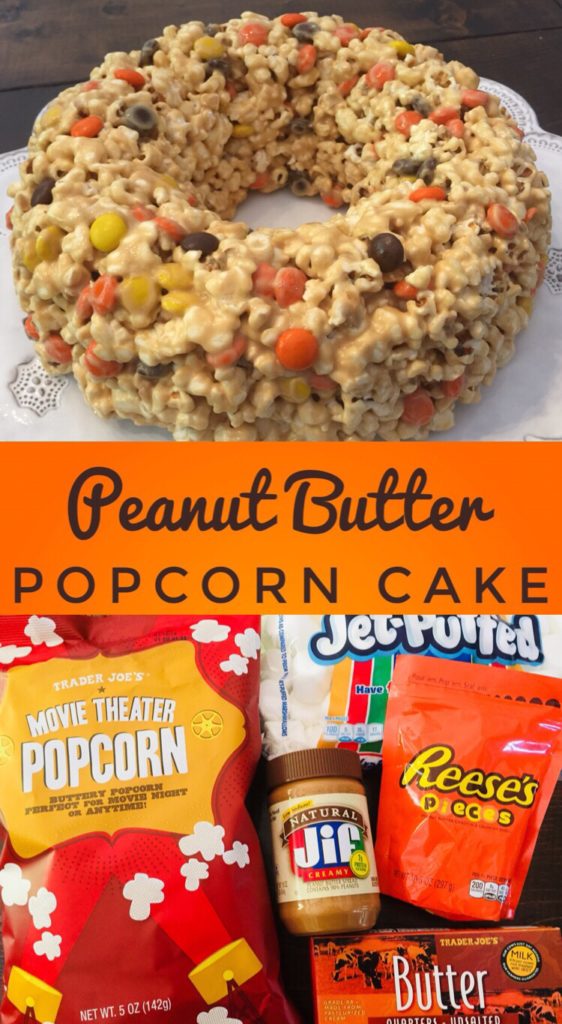 Peanut Butter Popcorn Cake is a fun recipe to make with kids this fall! It is the perfect treat to take to a Halloween Party or Thanksgiving Feast!