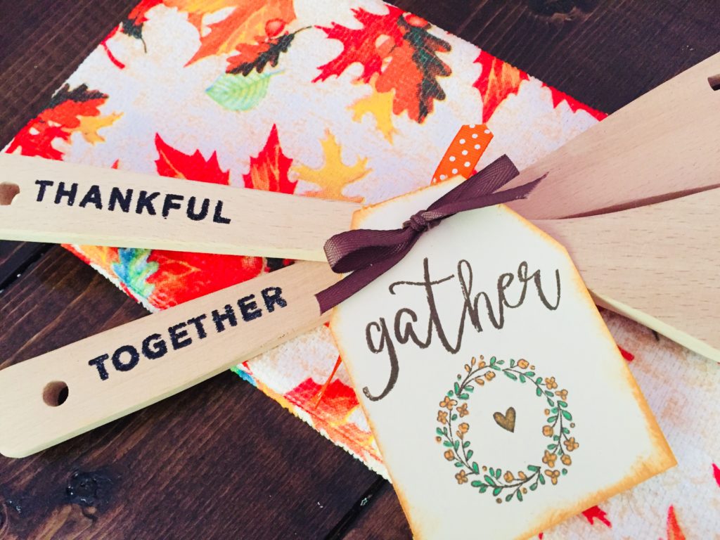 DIY Thanksgiving Hostess Gift - Hand Stamped Heat Embossed Wooden Utensil Set