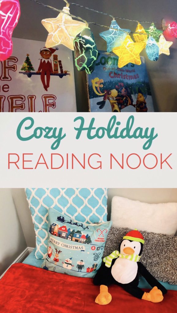 Create a cozy holiday reading nook with soft blankets, stuffed animals, fairy lights and holiday themed books.