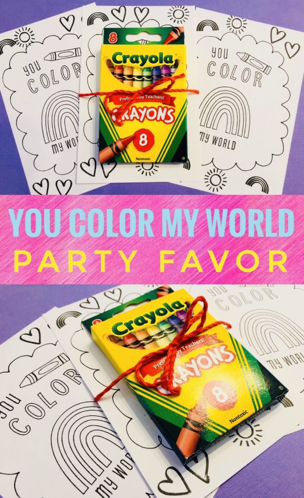 You Color My World Party Favor - includes hand stamped coloring page and crayons! Great idea for Valentine's Day or an Art or Rainbow Party!