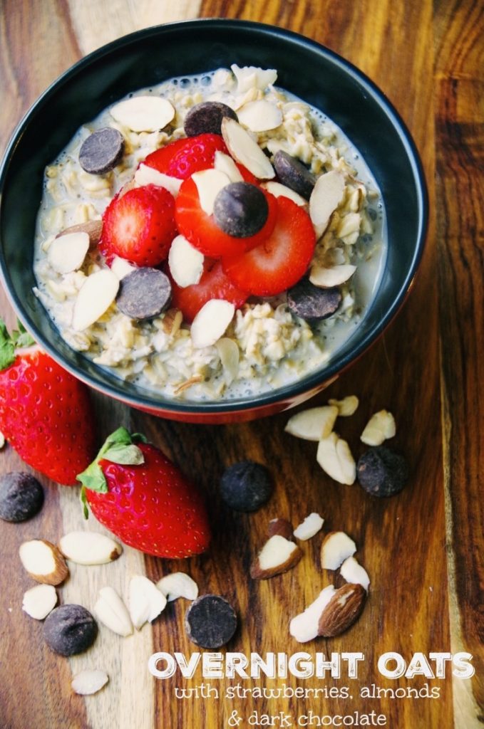 Overnight Oats with Strawberries, Almonds, and  Dark Chocolate