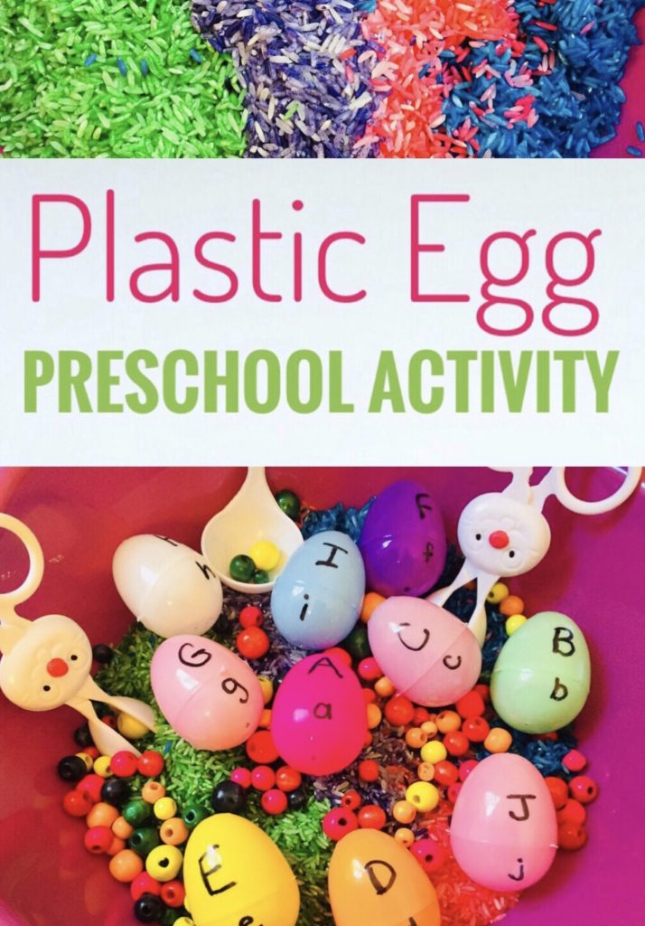 Plastic Egg Preschool Activity - Use the plastic eggs for a letter matching activity for Easter. Bin uses plastic eggs, wooden beads, bunny tongs, and rainbow rice. I purchased the tub at Dollar Tree.