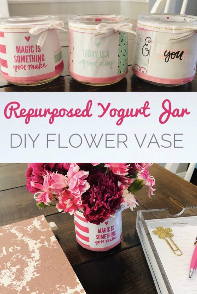 Repurposed Yogurt Jar Flower Vase - The Oui Yogurt Jars are so fun for crafts! I upcycled this one into a pretty flower vase with paper and modge modge.