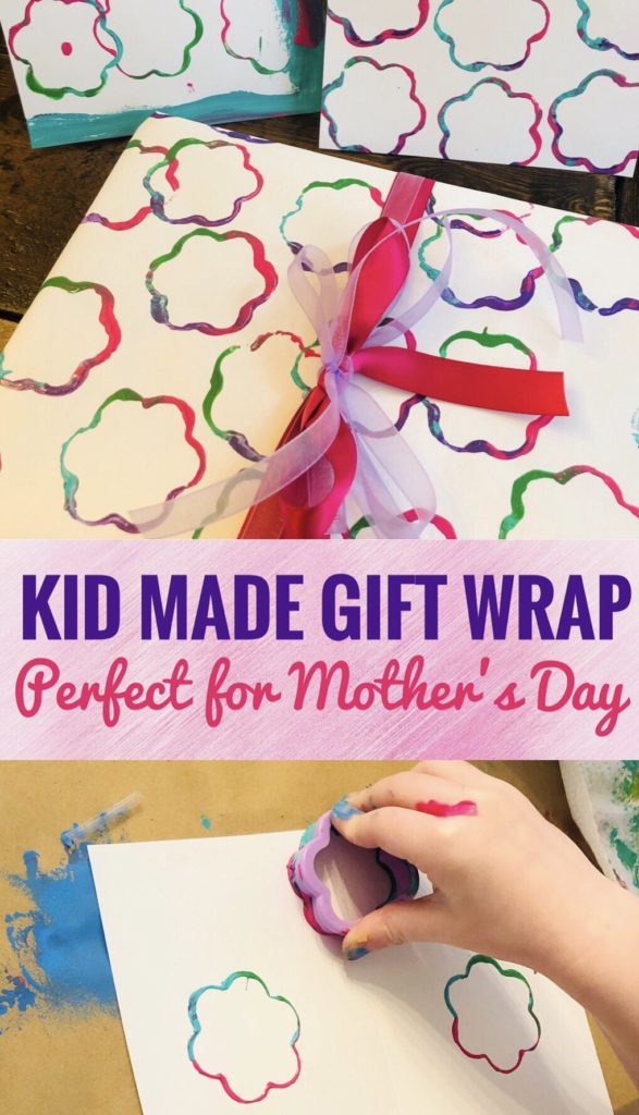 DIY Kid Made Gift Wrap - Create cute flower prints with cookie cutter. Perfect craft for preschoolers to help make gift wrap for Mother's Day or Teacher Appreciation Day!