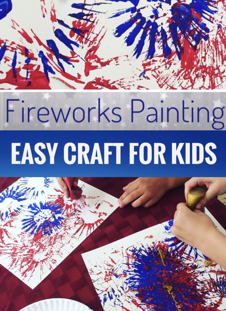 Easy Fireworks Painting Craft for kids using cardboard tubes and glitter glue. Perfect art project for the 4th of July. Great craft for preschoolers and toddlers.