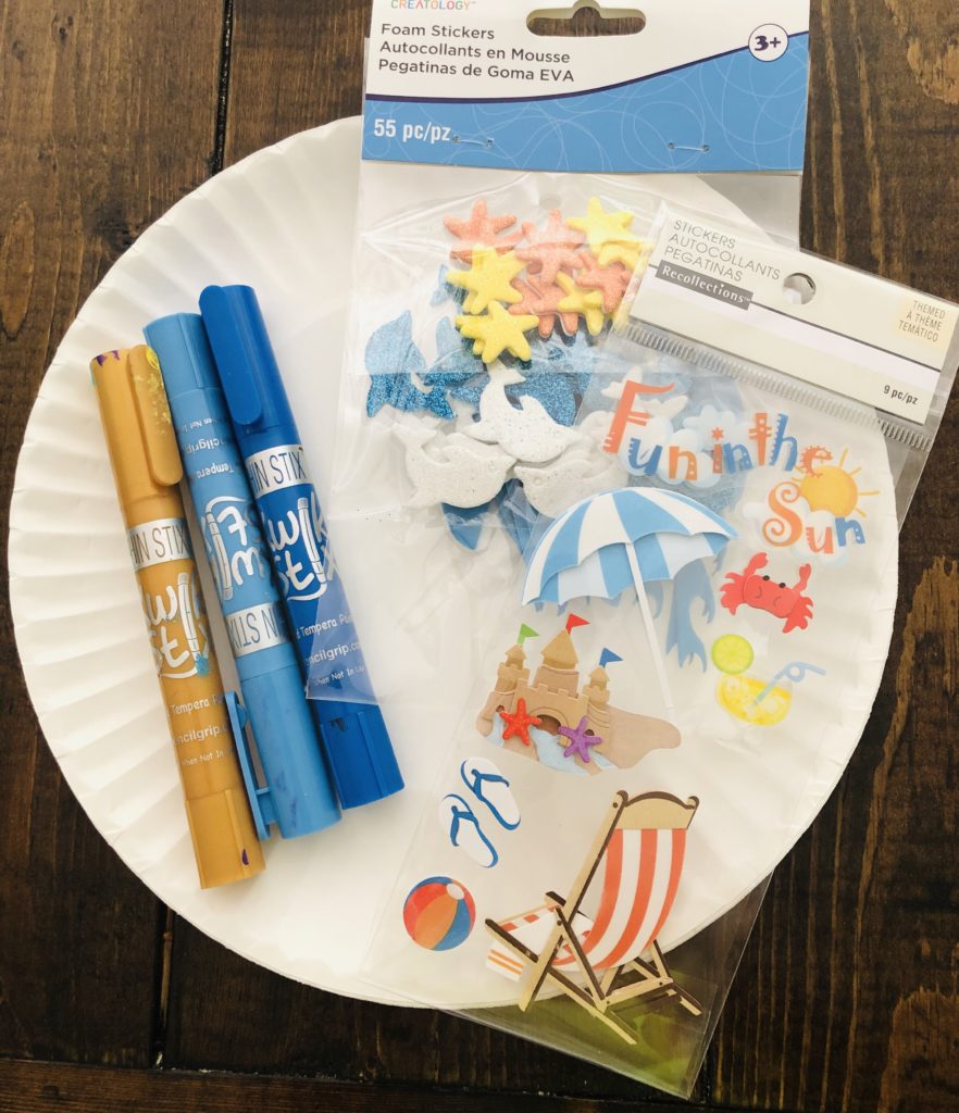 Paper Plate Craft Supplies - kwik stix paint and beach stickers.