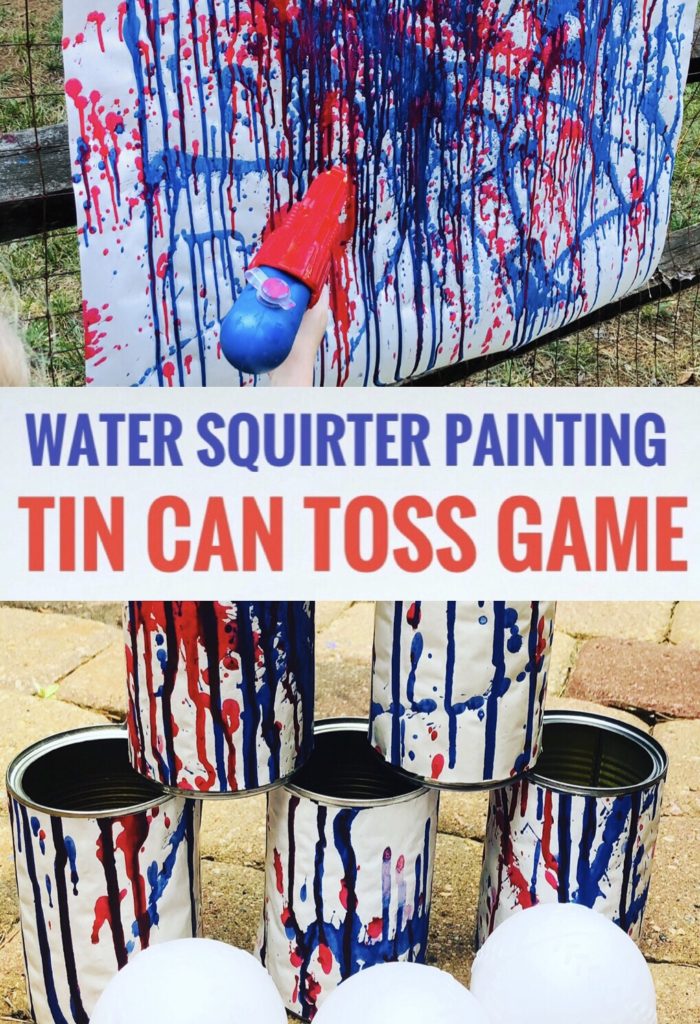 Water Squirt Painting and Tin Can Toss Game - Fun Way to Use Kids Artwork and Paint and Play Outside!