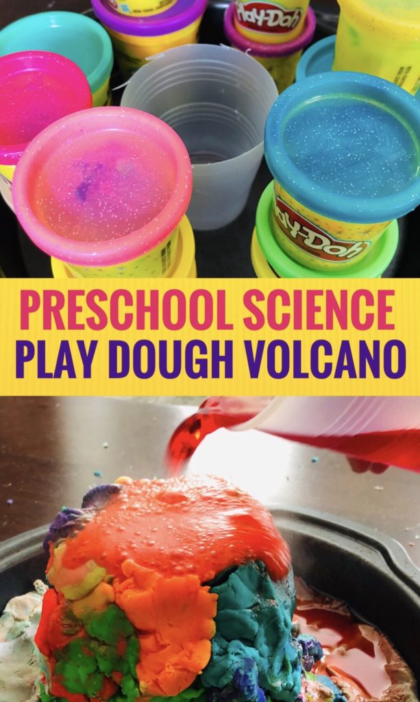 Kids will love creating a Play Dough Volcano! It's a great science experiment for preschoolers or kids of all ages. Great way to use up old play dough too!