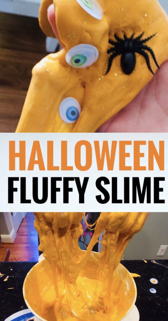 Fluffy Orange Halloween Slime is a fun craft to make with kids! This is an easy slime recipe and the googly eyes and spiders make it fun and spooky!