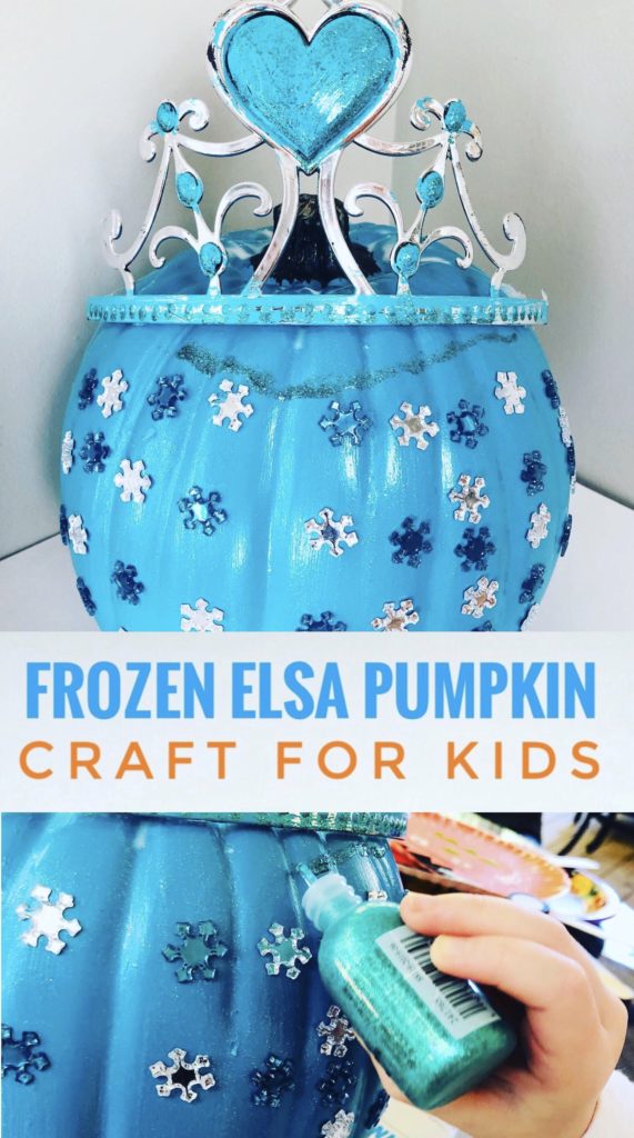 Create this no carve Frozen Elsa Pumpkin Craft for kids with your little Frozen lover! It is easy to create with a teal craft pumpkin!