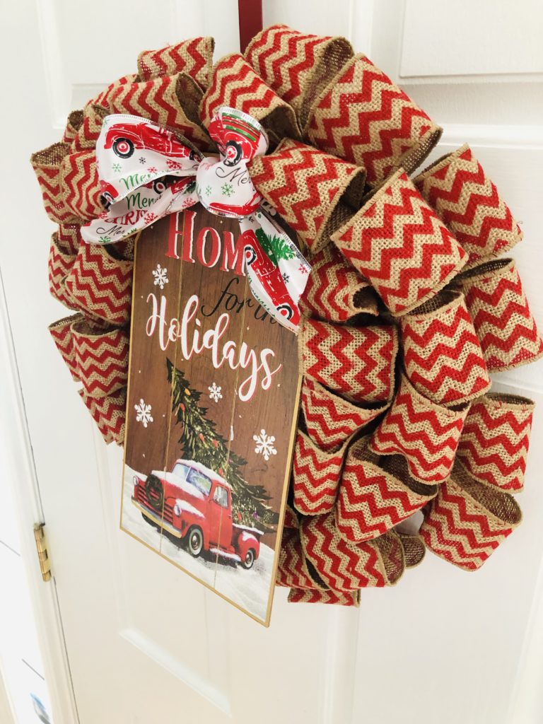 Chevron Burlap Christmas Wreath with Dollar Tree Sign