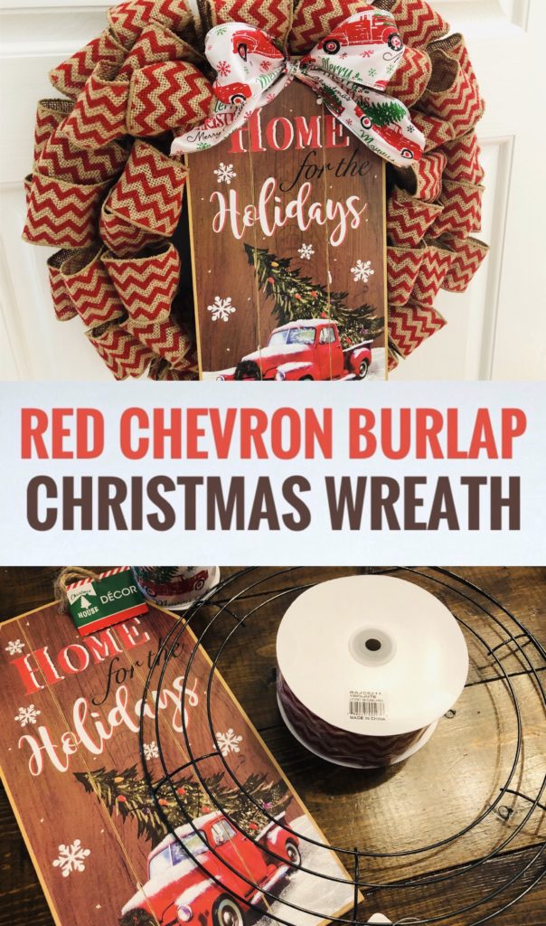 Chevron Burlap Ribbon Christmas Wreath with Dollar Tree Red Truck Sign