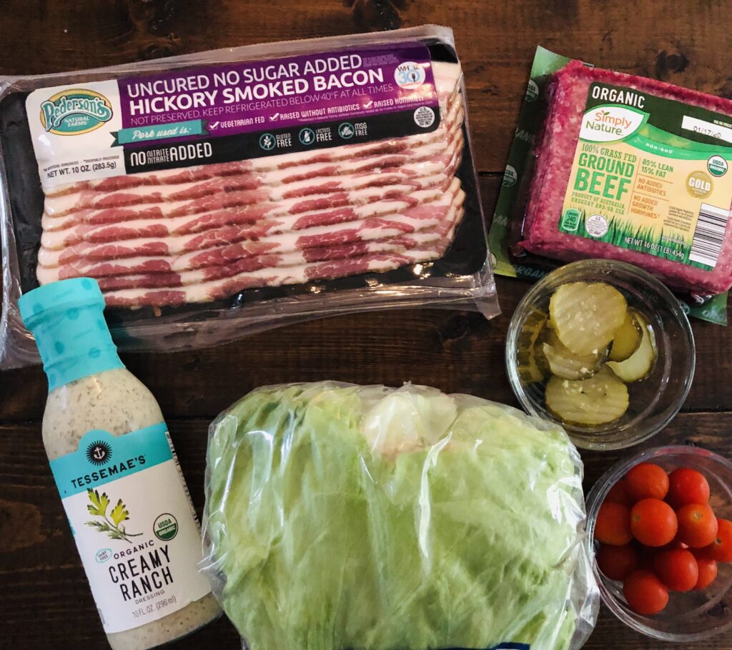 Ingredients for Whole30 Bacon Ranch Burger Salad