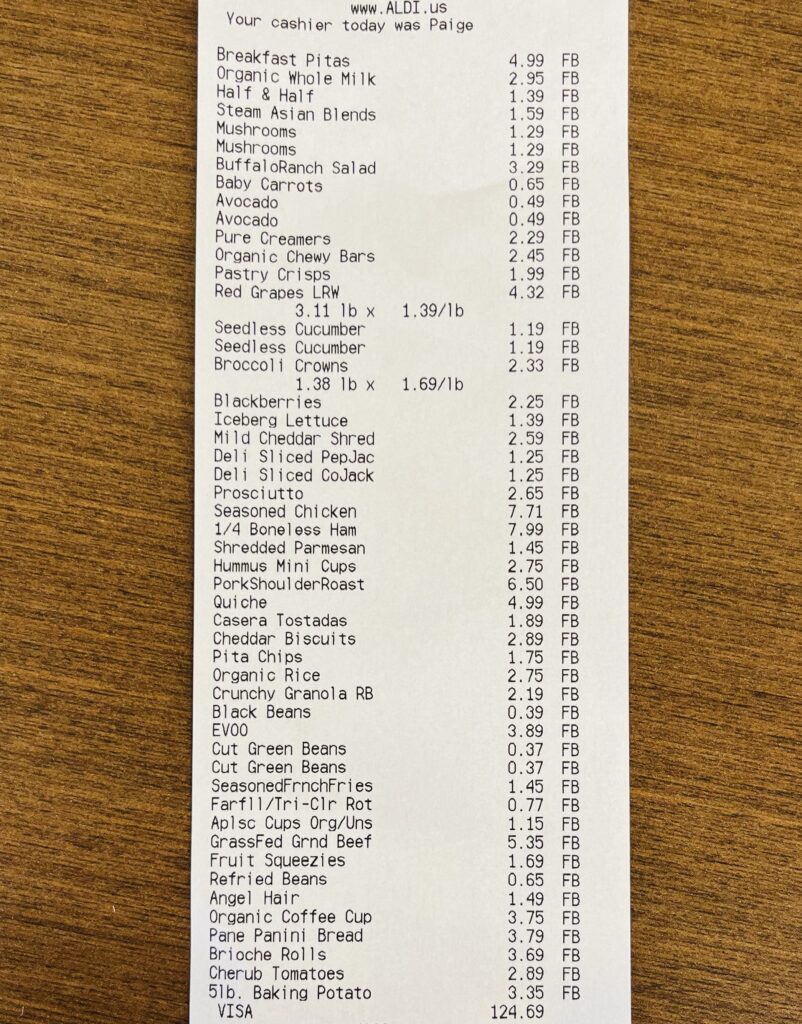 ALDI receipt for grocery haul and meal plan